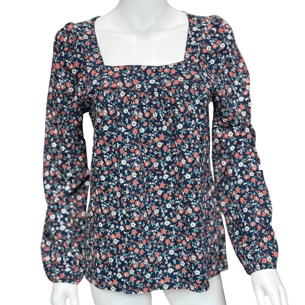 Lucky Brand Navy Floral Long Sleeve Blouse Square Neck Cotton/Modal Womens S/P